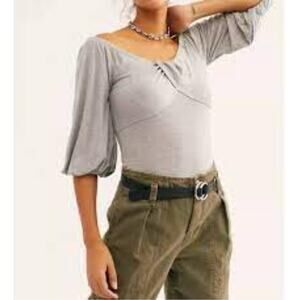 Free People Coral/Pink Wide Crossover Neckline Half Puff Sleeve Blouse